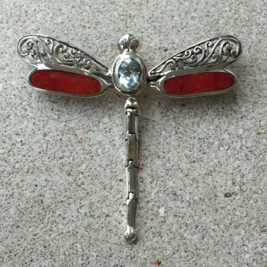 PD 10115 CR-1 pc of hand carved 925 Bali silver dragonfly pendant/brooch with coral and gemstones